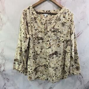 J Jill Shirt Womens Large P Petite Yellow Beige Floral Button Up Popover Notch